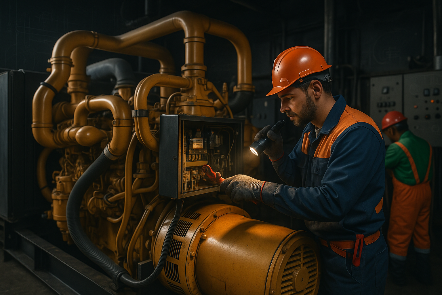 Técnico trabajando en generador industrial
